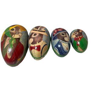 Vintage Papier Mache Decorative Easter Nesting Egg Set with Anthropomorphic Rabb